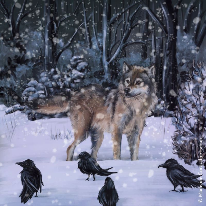 Wolf mit Raben im Schnee, digitale Illustration